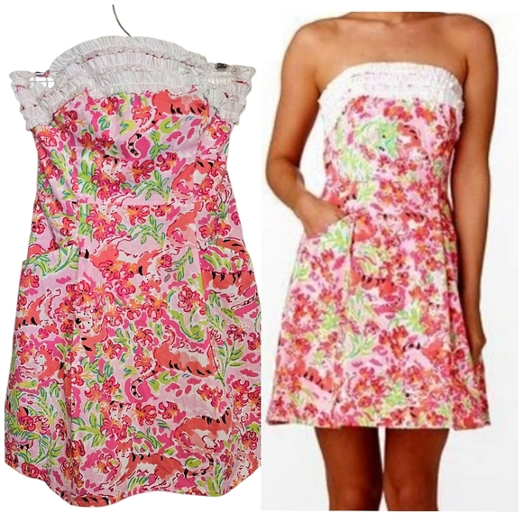 Lilly Pulitzer Strapless Ferra Dress Call Me Kitty Tiger Ruffle Mini Dress - Picture 1 of 8